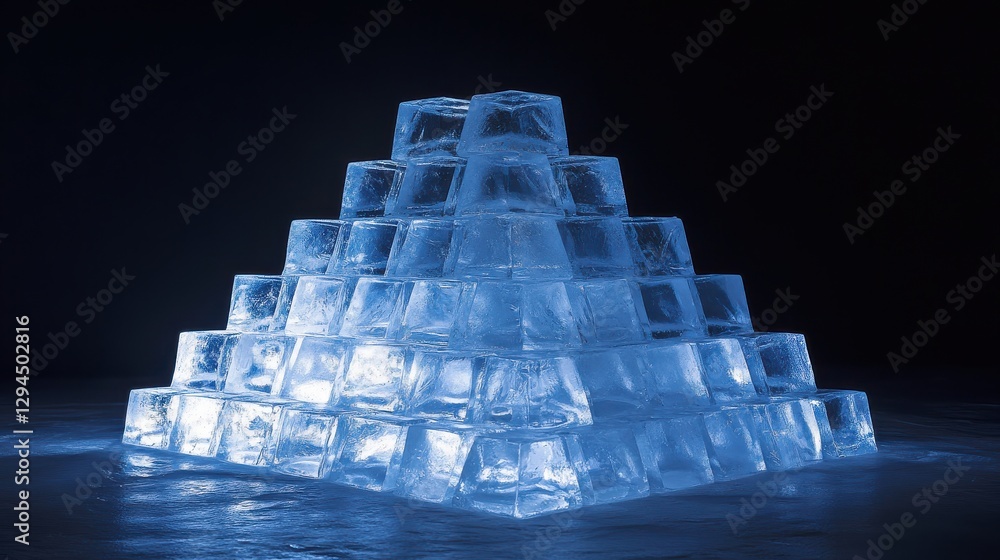 Poster pyramid of gleaming ice cubes on reflective surface with dark background