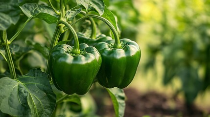 Green bell peppers growing on a flourishing vegetable plant branch