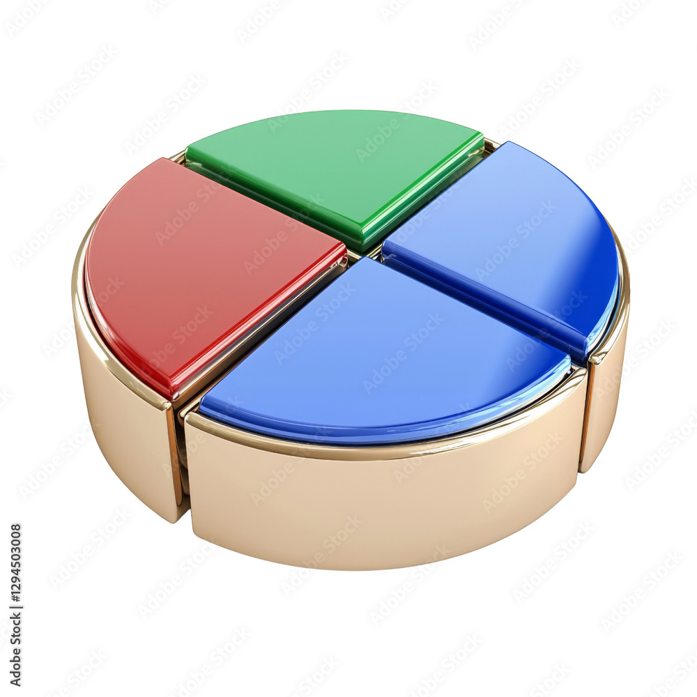 Poster colorful pie chart with four segments in red, green, blue, and yellow, representing data visualizati