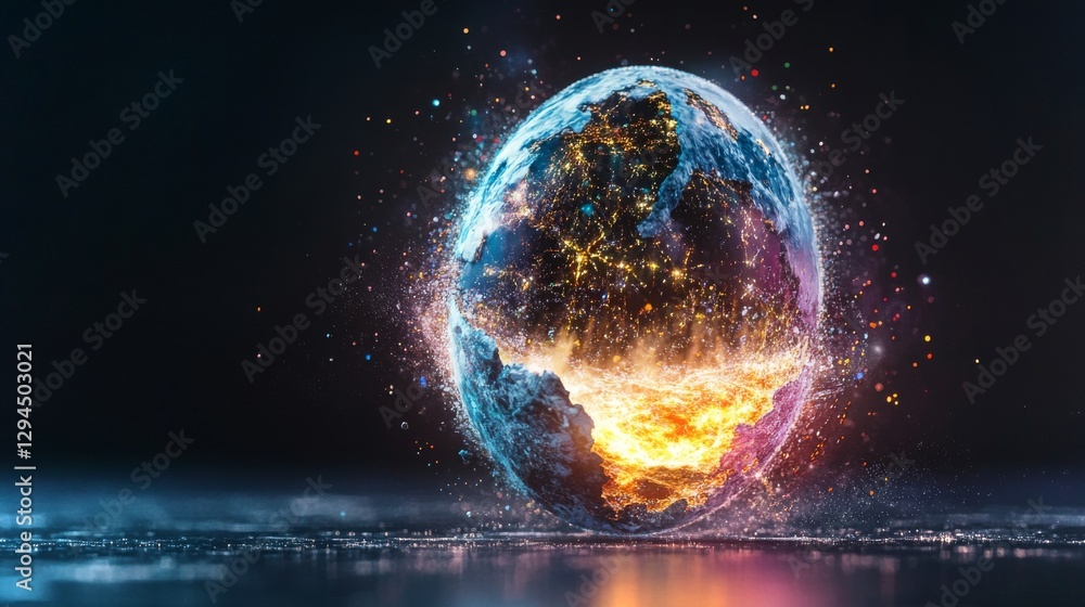 Poster captivating visualization of a globe surrounded by colorful particles and glowing elements