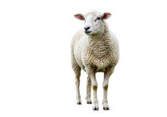 Isolated Full View of a White Woolly Sheep Standing, Farm Animal
