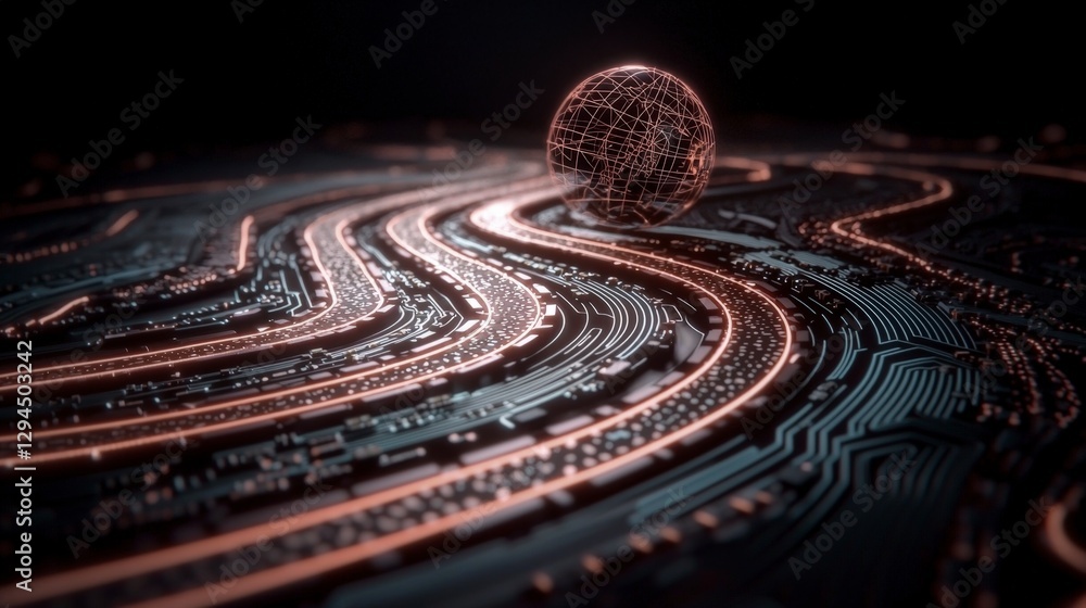 Poster futuristic circuit board with glowing globe global network technology innovation data