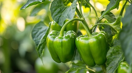 Green bell peppers growing on a plant in bright sunlight