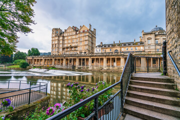 Morning scenery of Pulteney weir at River Avon in city of Bath, Somerset. England