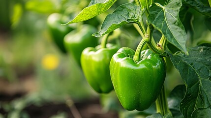 Green Bell Peppers Growing on a Vine in a Garden