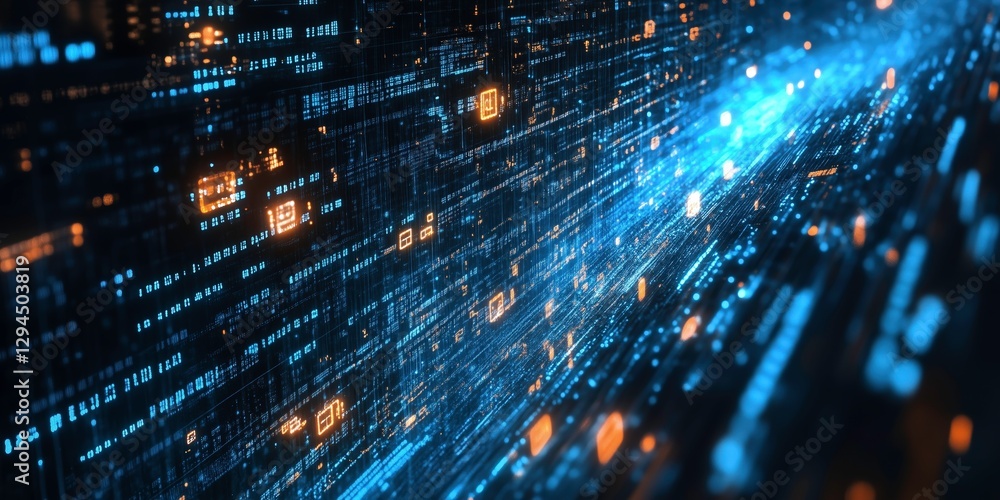 Poster digital flow: an abstract representation of data streams, illuminated by futuristic blue and orange 