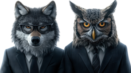 Whimsical wildlife portrait, animals embracing human attire in a surreal and artistic composition