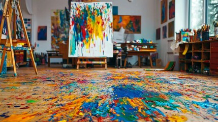 Vibrant Art Studio with Colorful Paint Spills on Floor