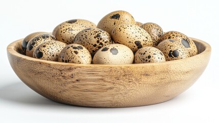 Obraz premium Wooden bowl filled with speckled quail eggs on white background