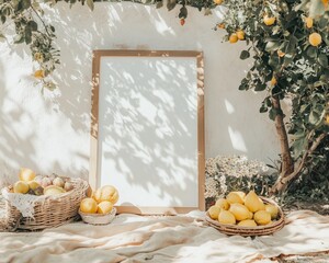 Blank frame with fresh lemons in sunlit garden setting representing mockup template, summer branding, mediterranean lifestyle and design