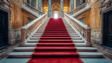Obraz premium Majestic Grand Staircase with Red Carpet in Luxurious Interior Design
