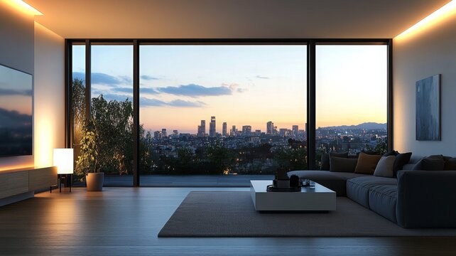 Modern living room with stunning sunset view over the city skyli