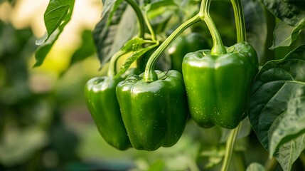 Three Green Bell Peppers Growing On A Vine