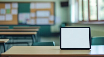 Fototapeta premium Tablet with blank screen on classroom desk representing education technology, digital learning, presentation mockup and modern school concept