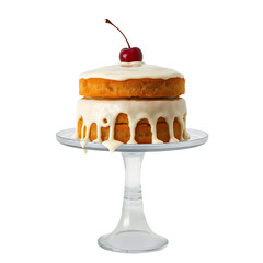 Layered cake topped with fresh cheery, sitting on a vintage cake stand with dripping icing.