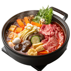 Delicious hot pot filled with fresh vegetables, mushrooms, and marbled beef, creating warm and inviting meal perfect for sharing with friends