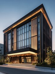 Fototapeta premium Modern architectural building with windows and evening lighting on display