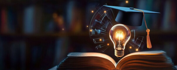 Illuminated Ideas Graduation Cap, Glowing Bulb, Open Book Composition, Education, Knowledge Education, Inspiration