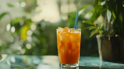 Refreshing Orange Beverage with Ice Cubes in a Sunlit Environment