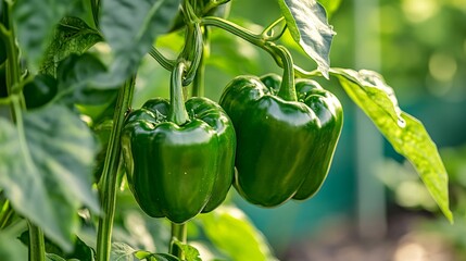 Two green bell peppers hanging from a green leafy plant