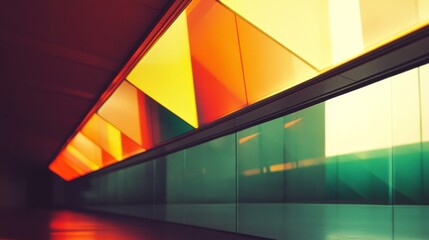 Fototapeta premium Bold geometric shapes in a corridor, illuminated by natural light, casting colorful reflections on sleek surfaces.