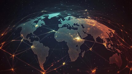 Naklejka premium Global Network Dotted World Map with Interconnected Lines, Global Connectivity, Digital illustration Global Networking, Digital World