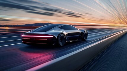 Obraz premium Futuristic Sports Car High-Speed Motion Blur, Sunset Composition, Electric Vehicle, Speed, Luxury Electric Car, Speed