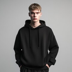 Obraz premium Stylish Male Model in Black Hoodie Urban Studio Fashion Shoot Minimalist Background Portrait Modern Aesthetic