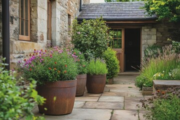 Serene Garden Courtyard with Contemporary Metal Planters Cozy Outdoor Space Relaxed Atmosphere Nature-Inspired Design
