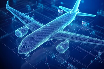 Digital Airplane Blueprint Wireframe Design, 3D Model, Aviation Technology, Airplane Design Aviation, 3D Modeling
