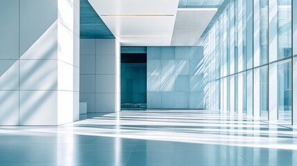 Obraz premium Sunlight streams through a sleek, minimalistic office space, casting linear shadows that enhance the futuristic design of the glass and steel interior.