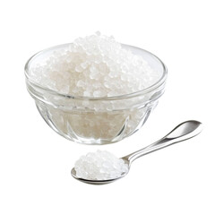 Fresh sea salt in glass bowl with spoon, showcasing its coarse texture and purity. Perfect for culinary uses and enhancing flavors in dishes