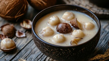 Delicious Dessert with Coconut, Sweet Balls, and Creamy Sauce