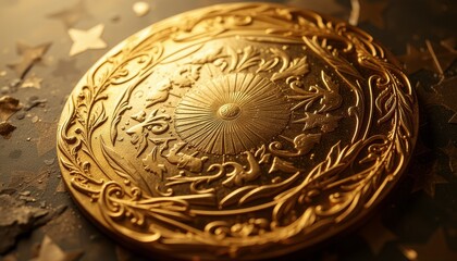  Gold coin with sunburst and animal figures on a dark textured surface