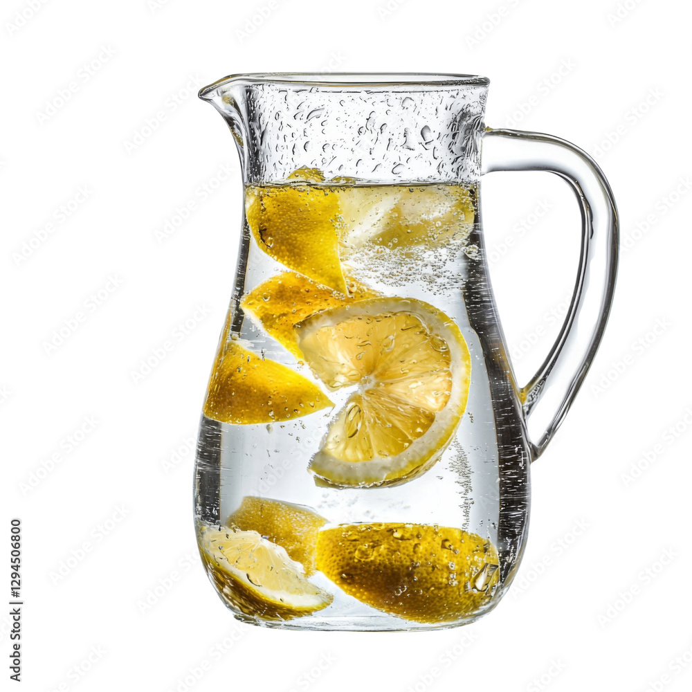 Poster refreshing pitcher of water with lemon slices, perfect for hydration and summer gatherings. condensa