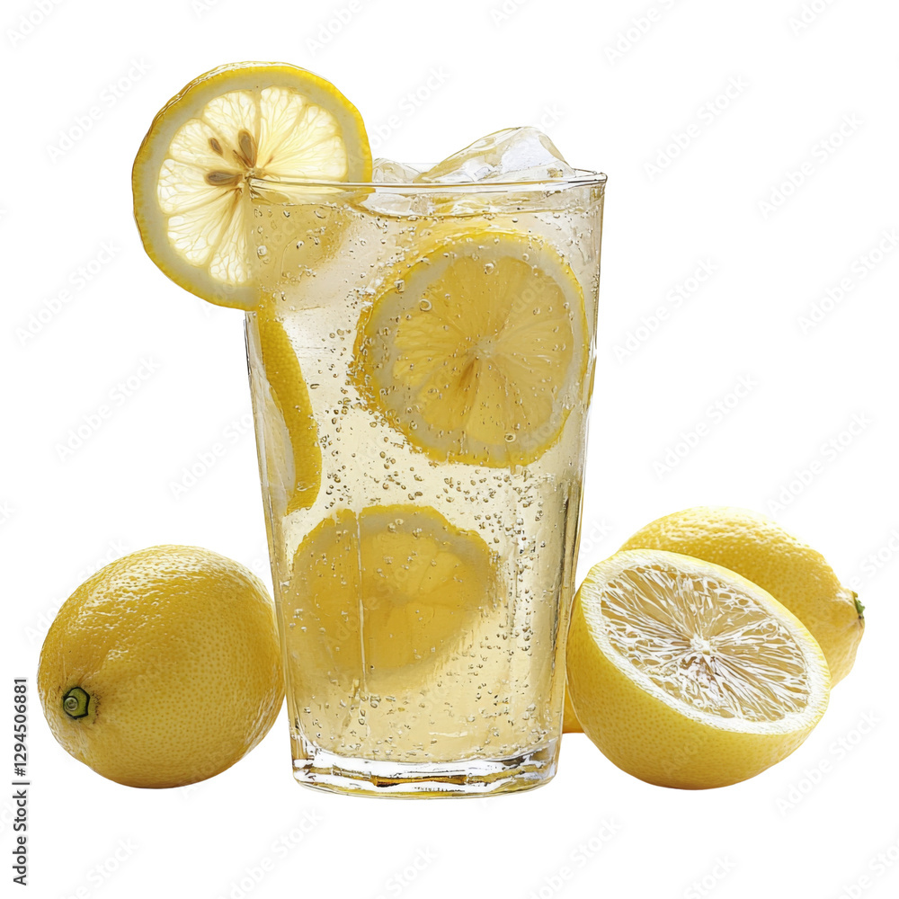 Poster refreshing lemonade with lemon slices and ice in glass, surrounded by whole and halved lemons. perfe