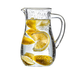 Refreshing pitcher of water with lemon slices, perfect for hydration and summer gatherings. condensation on glass adds cool touch to this vibrant drink