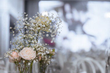 Table decoration for guests at the event celebration. Rose and dishes on the table