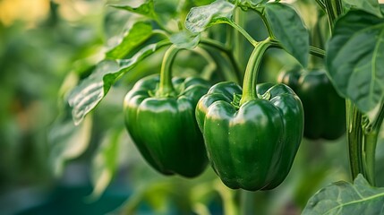 Green bell peppers growing on their plant in the garden