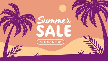 Obraz premium Summer Sale Banner Vector – Tropical Sunset Gradient, Palm Silhouettes & Urgent Promo Text for Seasonal Marketing, Summer Sale Banner, Beach Vibes Sale Banner