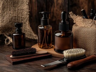 Rustic grooming products on wooden table