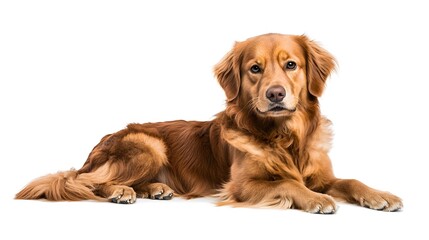 Golden Retriever Lying on White Background with Gentle Expression