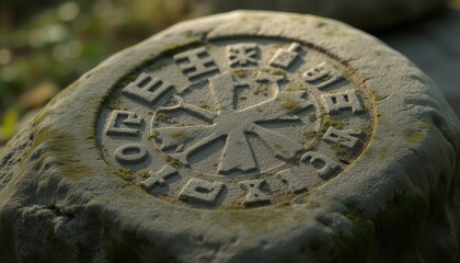  Engraved Viking Runes on an Aged Stone Surface with Moss