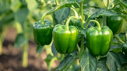 Green Bell Peppers Growing on Plants in a Garden