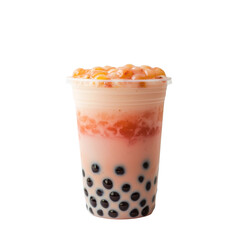 Delicious bubble tea with colorful layers and tapioca pearls, perfect for refreshing treat. Enjoy blend of flavors and textures in this vibrant drink