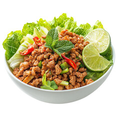 Delicious bowl of minced meat with fresh herbs, lime, and lettuce