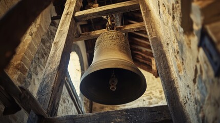 A grand bell hangs majestically in an ancient stone tower, casting a shadow on weathered wooden beams with sunlight peeking through.