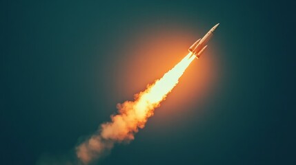 A rocket launches into the vast sky, trails of fire and smoke emphasizing its power and the potential of human innovation.