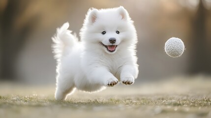 Playful fluffy puppy leaps for a ball in a sunny outdoor setting