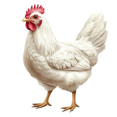 realistic illustration of white chicken with red comb and wattles, standing proudly. feathers are fluffy and well defined, showcasing bird natural beauty and grace